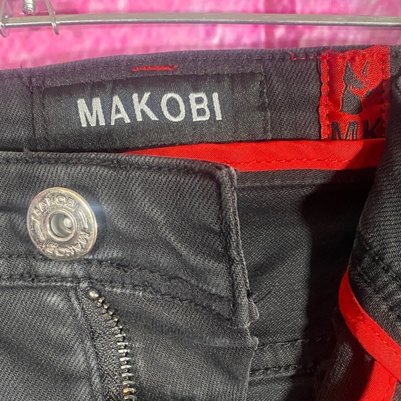 Makobi Men’s Jeans Denim 36x32 Black Flames Lightning Distressed Skinny Fit - Picture 4 of 12